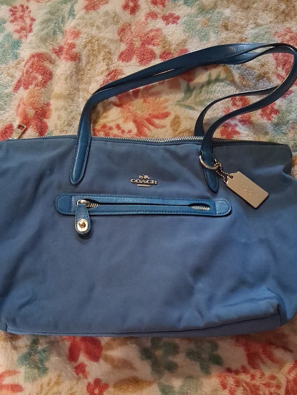 Coach Blue Canvas Tote with Leather Trim and Logo Tag